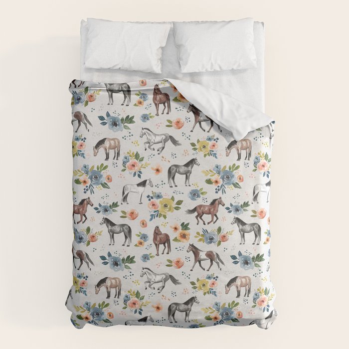 Horses and Flowers, Floral Horses, Western, Horse Art, Horse Decor, Gray Duvet Cover Gallery Image 6