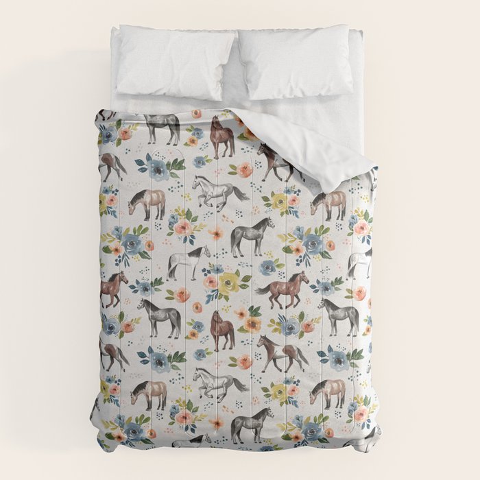 Horses and Flowers, Floral Horses, Western, Horse Art, Horse Decor, Gray Comforter
