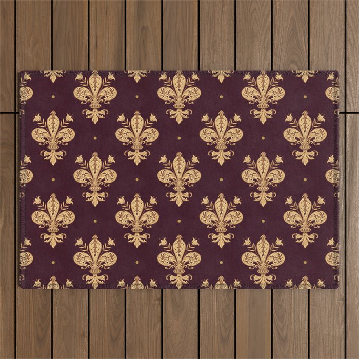 Fleur De Lis In Royal Burgundy and Gold Outdoor Rug Gallery Image 1