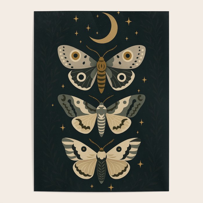 Moonlit Moths - Trio of Celestial Moths with Stars and Crescent Moon on Deep Black Poster Gallery Image 1