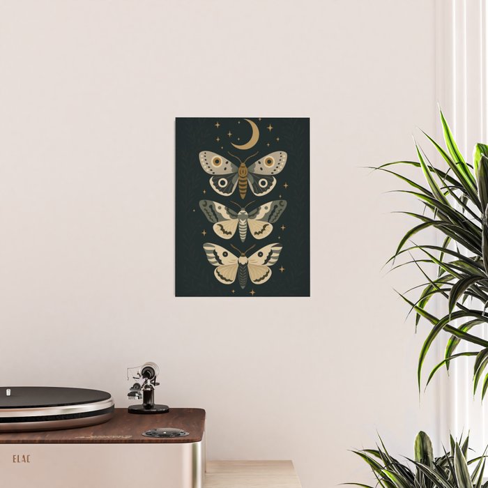 Moonlit Moths - Trio of Celestial Moths with Stars and Crescent Moon on Deep Black Poster Gallery Image 2