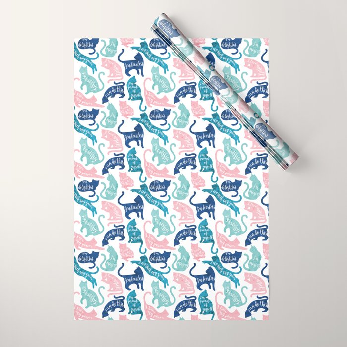 Be like a cat // white background pastel pink blue aqua and teal cat silhouettes with affirmations Wrapping Paper Gallery Image 1