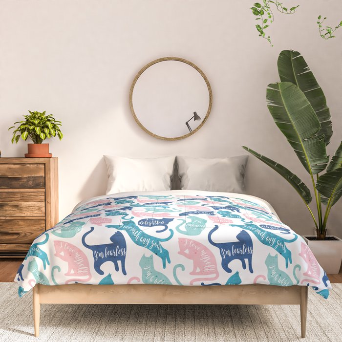 Be like a cat // white background pastel pink blue aqua and teal cat silhouettes with affirmations Comforter Gallery Image 3
