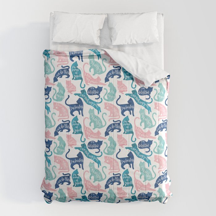 Be like a cat // white background pastel pink blue aqua and teal cat silhouettes with affirmations Comforter Gallery Image 6