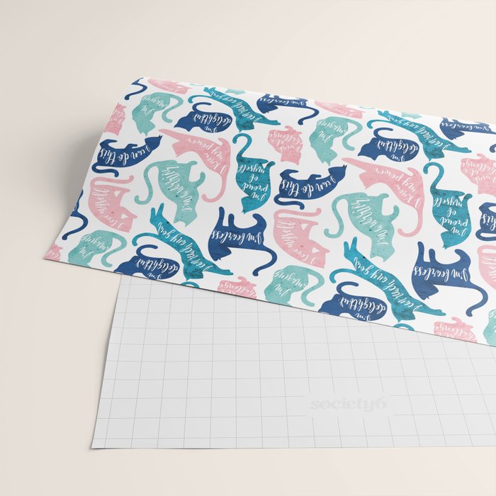 Be like a cat // white background pastel pink blue aqua and teal cat silhouettes with affirmations Wrapping Paper Gallery Image 2
