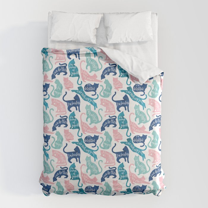 Be like a cat // white background pastel pink blue aqua and teal cat silhouettes with affirmations Duvet Cover Gallery Image 6