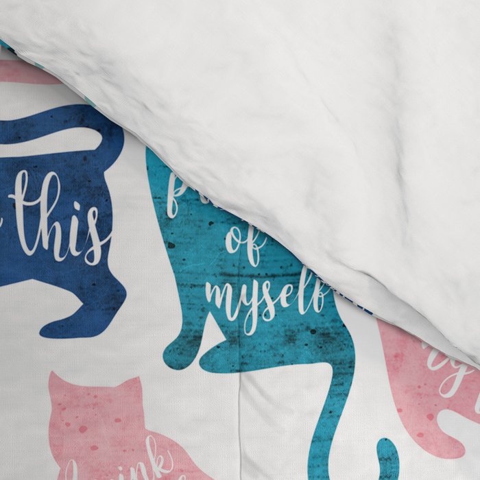 Be like a cat // white background pastel pink blue aqua and teal cat silhouettes with affirmations Comforter Gallery Image 4