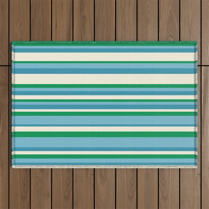Classic Stripes XXVII - Beachy Blue and Green Outdoor Rug Gallery Image 1
