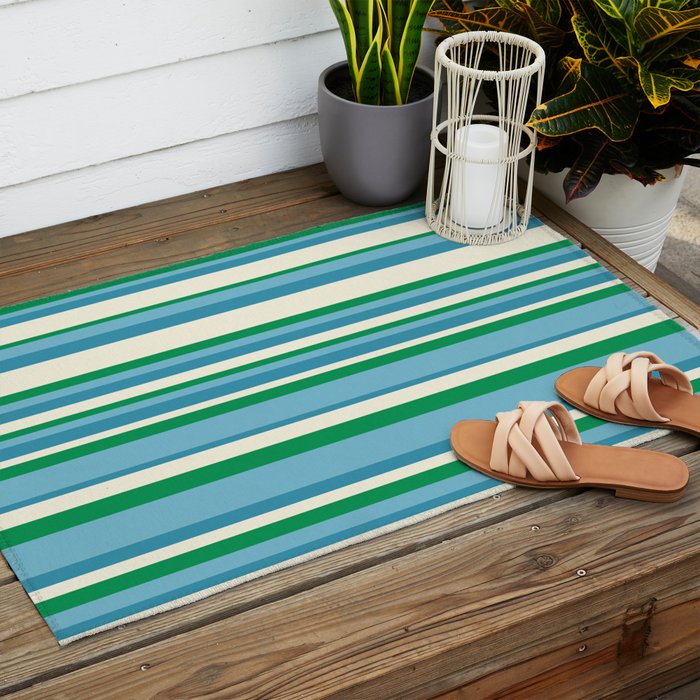 Classic Stripes XXVII - Beachy Blue and Green Outdoor Rug Gallery Image 2