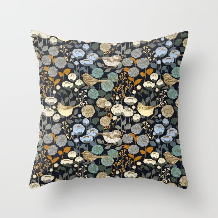 Winter Garden Birds Black Throw Pillow Gallery Image 1
