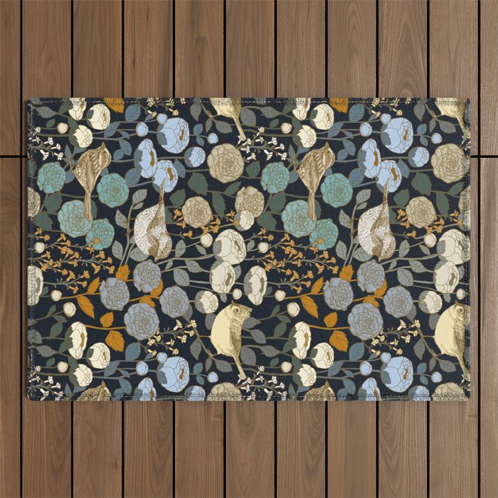 Winter Garden Birds Black Outdoor Rug Gallery Image 1