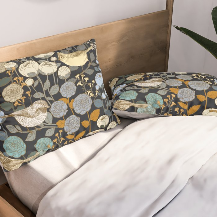 Winter Garden Birds Black Pillow Sham Gallery Image 2