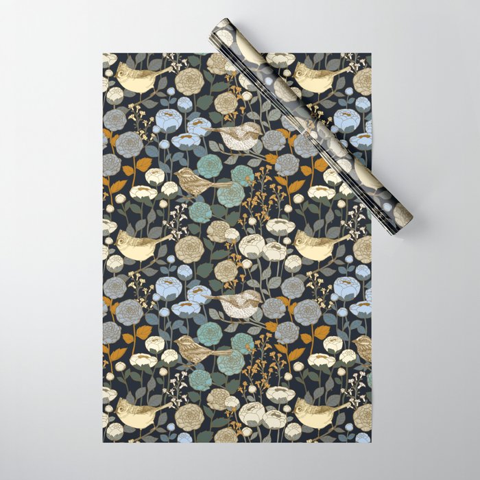 Winter Garden Birds Black Wrapping Paper Gallery Image 1