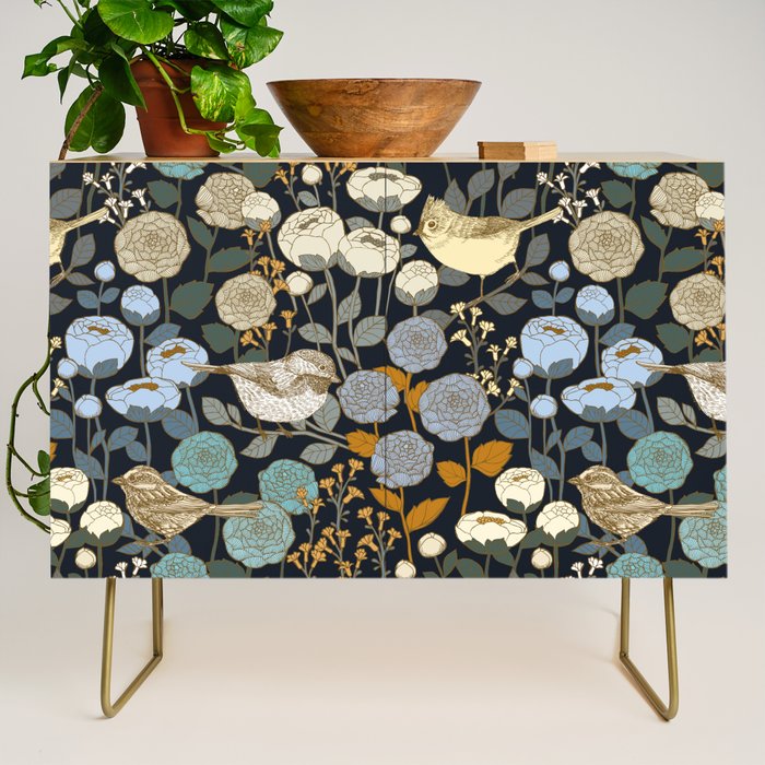 Winter Garden Birds Black Credenza Gallery Image 1