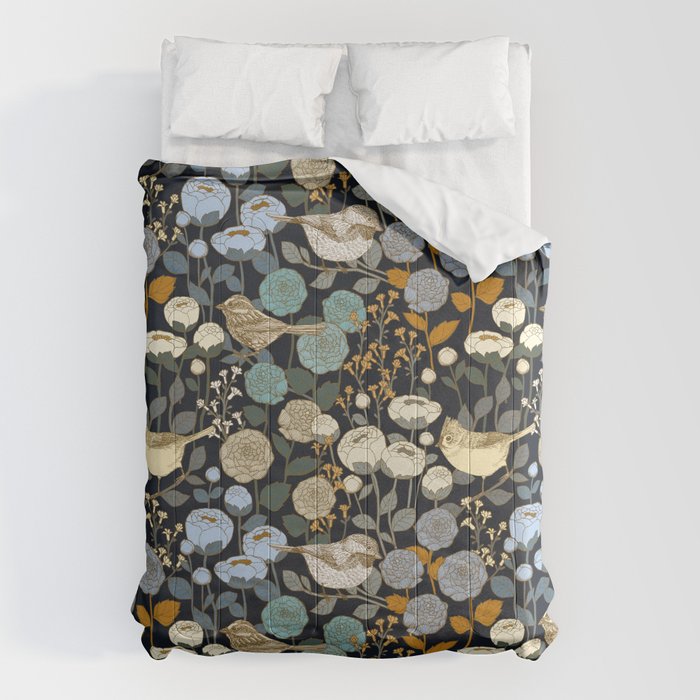 Winter Garden Birds Black Comforter Gallery Image 1