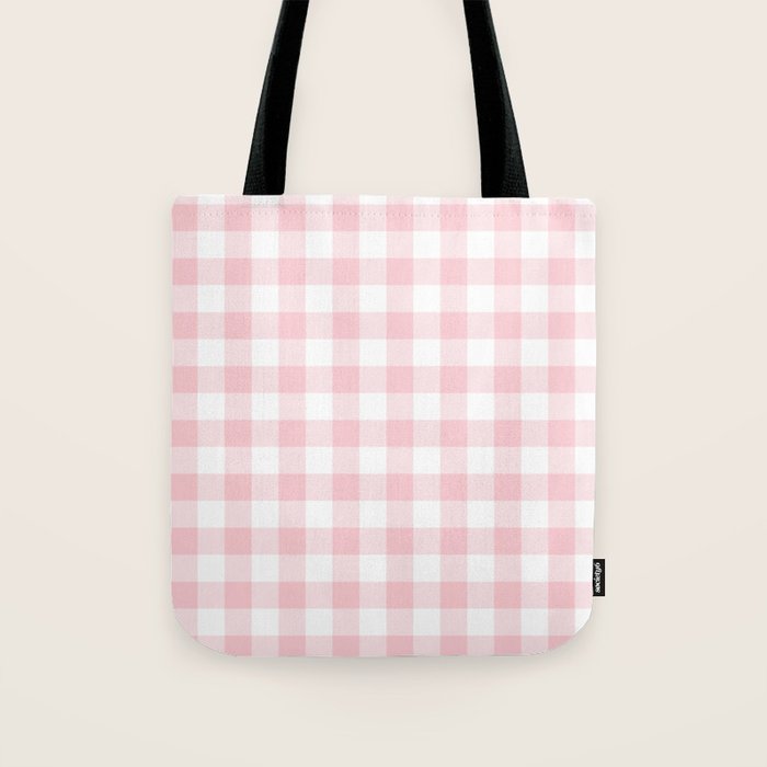 Large Valentine Soft Blush Pink and White Buffalo Check Plaid Tote Bag Gallery Image 1