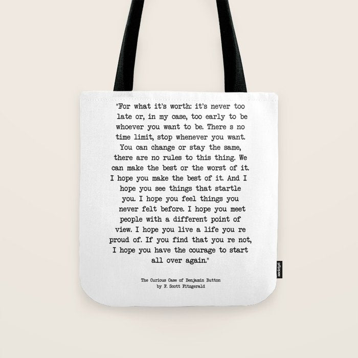 It's Never Too Late Benjamin Button Tote Bag Gallery Image 1