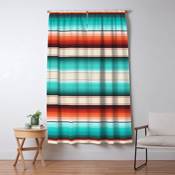 Navajo White, Turquoise and Burnt Orange Southwest Serape Blanket Stripes Window Curtain Gallery Image 5