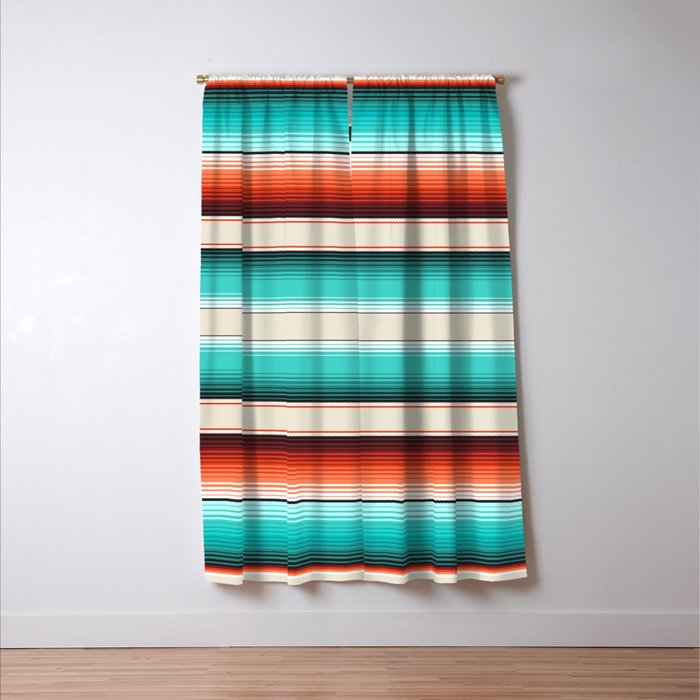 Navajo White, Turquoise and Burnt Orange Southwest Serape Blanket Stripes Window Curtain Gallery Image 3