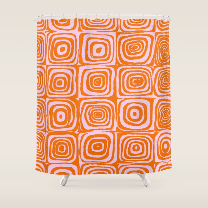 Pink Orange Groove - Retro 70s Spiral Pattern Shower Curtain Gallery Image 1