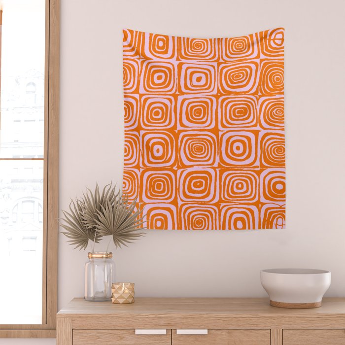 Pink Orange Groove - Retro 70s Spiral Pattern Wall Tapestry Gallery Image 2