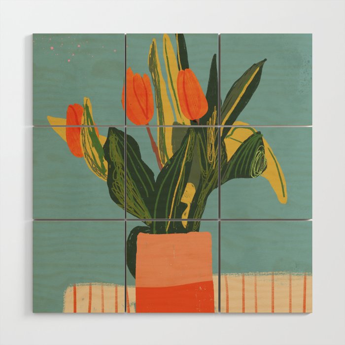 Red tulips in a vase Wood Wall Art Gallery Image 1