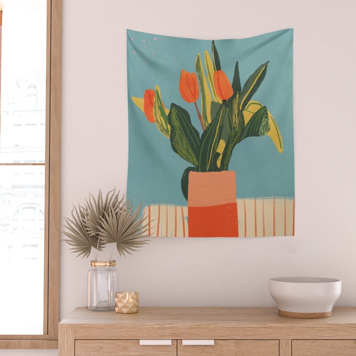 Red tulips in a vase Wall Tapestry Gallery Image 2