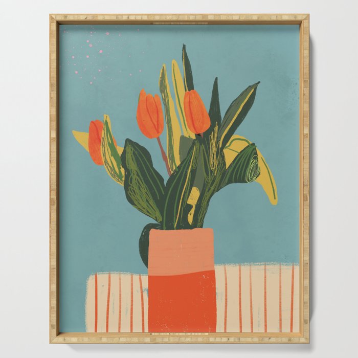Red tulips in a vase Serving Tray Gallery Image 1