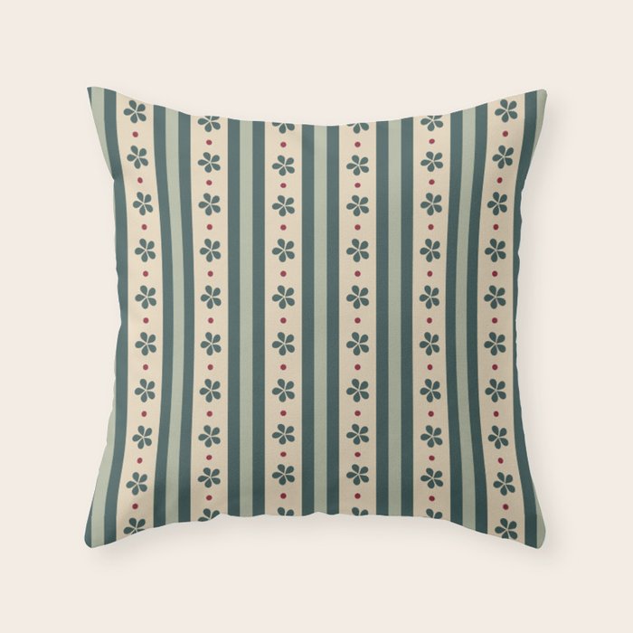 Green Stripes And Flowers Throw Pillow Gallery Image 1