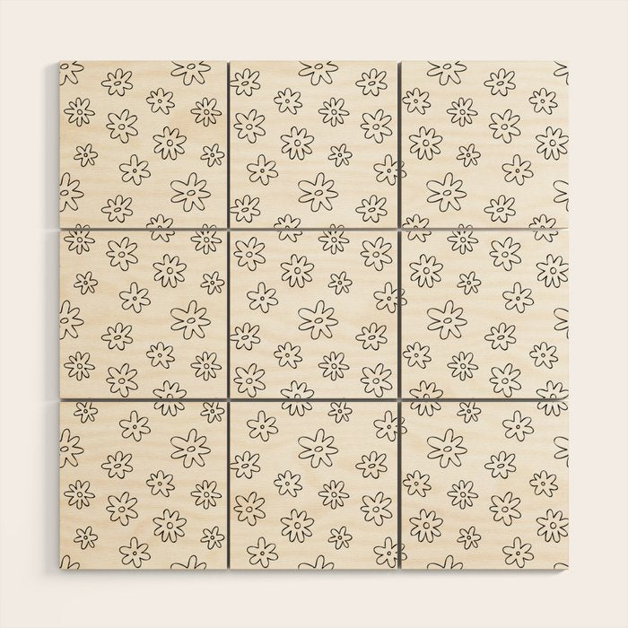 Black and white flower doodle art pattern Wood Wall Art Gallery Image 1