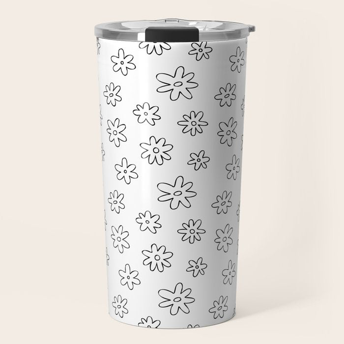 Black and white flower doodle art pattern Travel Mug Gallery Image 1