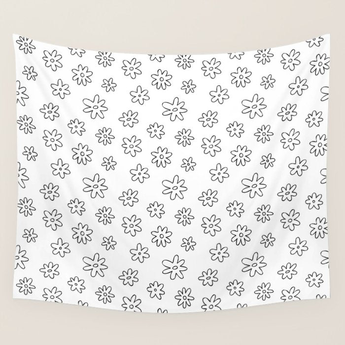 Black and white flower doodle art pattern Wall Tapestry Gallery Image 4