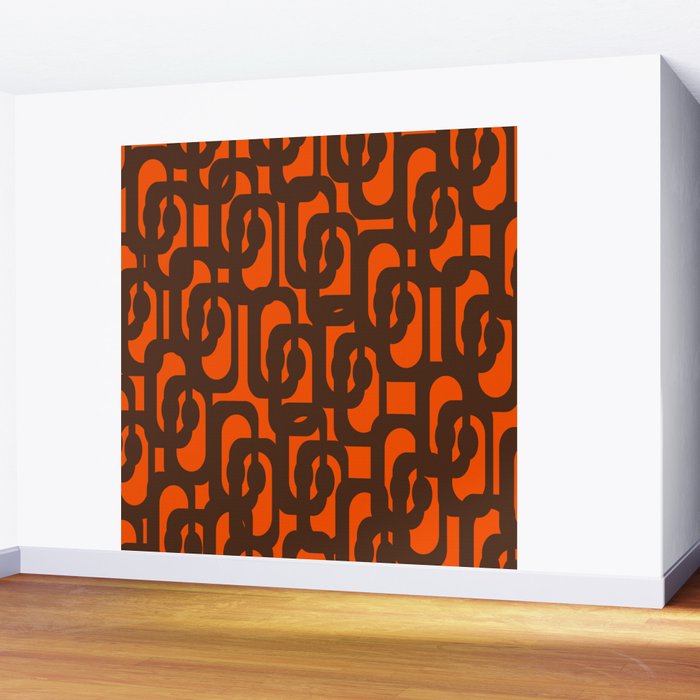 Mid Century Modern Loop Pattern in Retro 70s Dark Brown and Orange Wall Mural Gallery Image 2