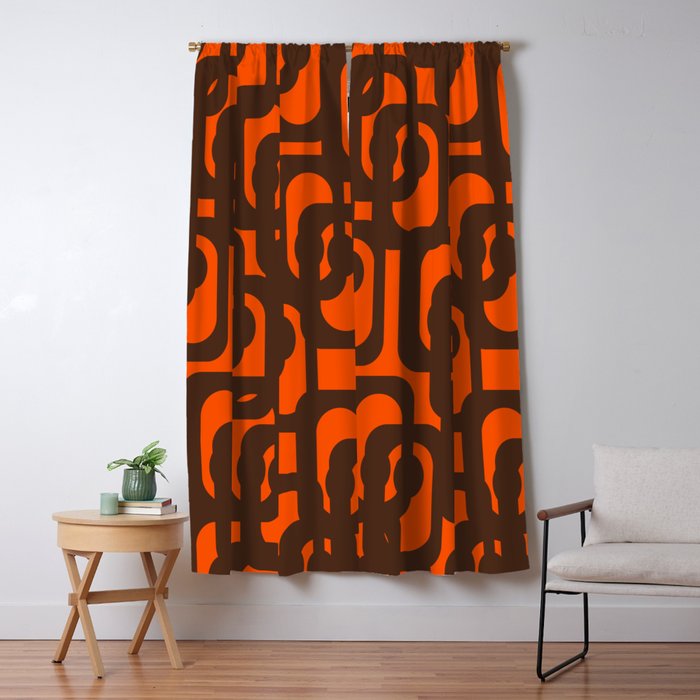 Mid Century Modern Loop Pattern in Retro 70s Dark Brown and Orange Window Curtain Gallery Image 1
