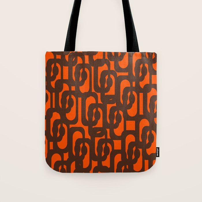 Mid Century Modern Loop Pattern in Retro 70s Dark Brown and Orange Tote Bag Gallery Image 1