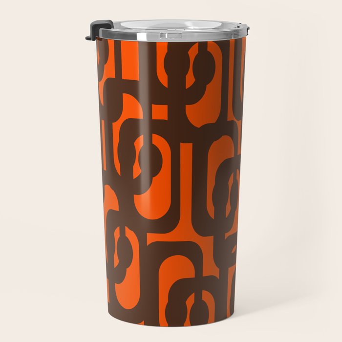 Mid Century Modern Loop Pattern in Retro 70s Dark Brown and Orange Travel Mug Gallery Image 3