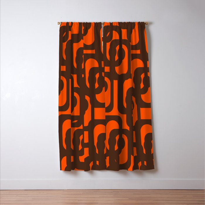 Mid Century Modern Loop Pattern in Retro 70s Dark Brown and Orange Window Curtain Gallery Image 3