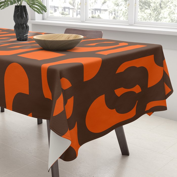 Mid Century Modern Loop Pattern in Retro 70s Dark Brown and Orange Tablecloth Gallery Image 3