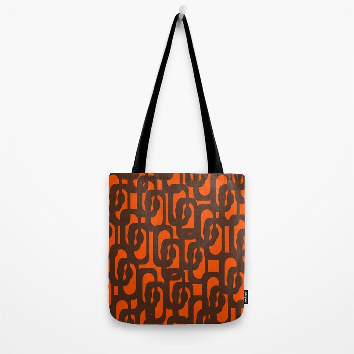 Mid Century Modern Loop Pattern in Retro 70s Dark Brown and Orange Tote Bag Gallery Image 2