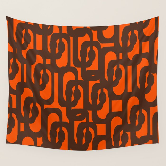 Mid Century Modern Loop Pattern in Retro 70s Dark Brown and Orange Wall Tapestry Gallery Image 4