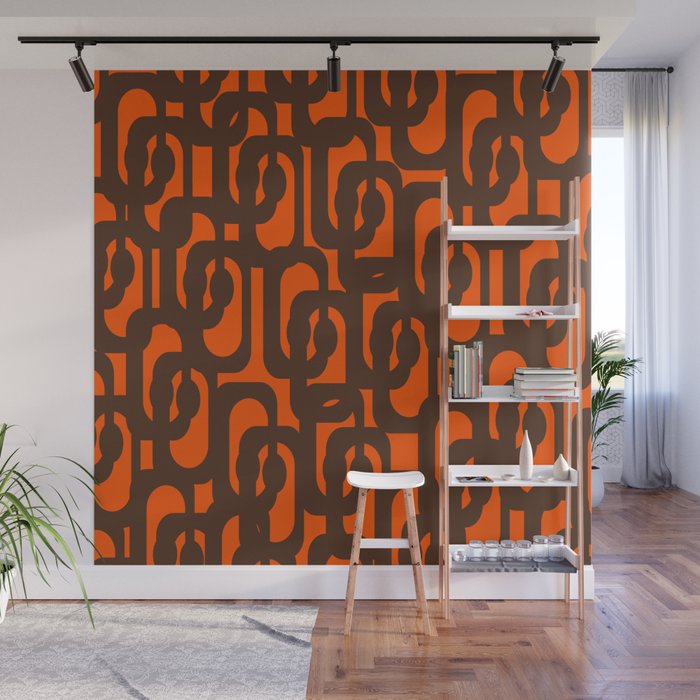 Mid Century Modern Loop Pattern in Retro 70s Dark Brown and Orange Wall Mural Gallery Image 1