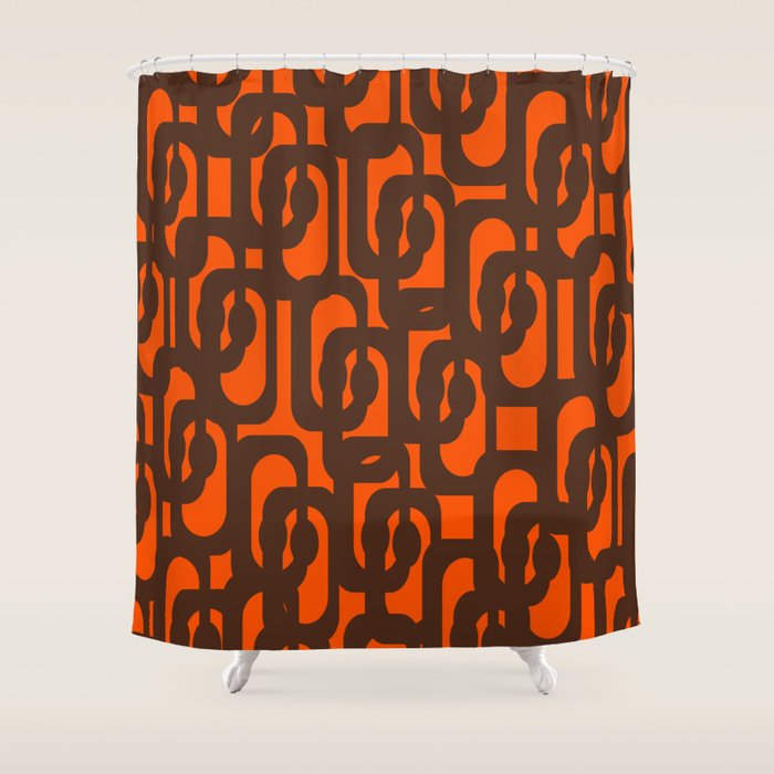Mid Century Modern Loop Pattern in Retro 70s Dark Brown and Orange Shower Curtain Gallery Image 1