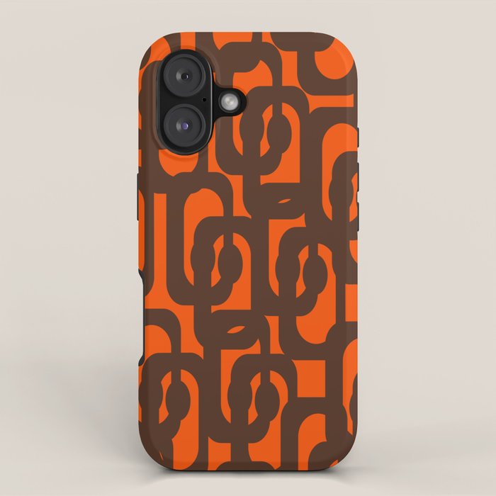 Mid Century Modern Loop Pattern in Retro 70s Dark Brown and Orange iPhone Case Gallery Image 1
