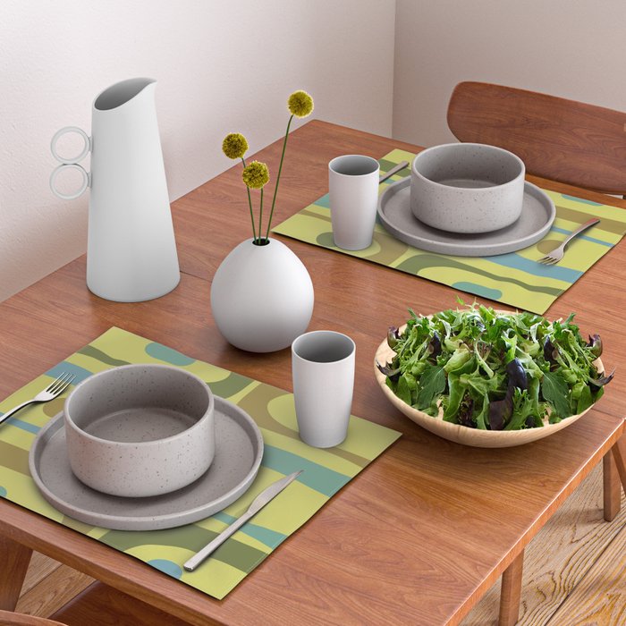 Mid Century Modern Retro Abstract Piquet Pattern in Guacamole Green and Blue Tones Placemat Gallery Image 2