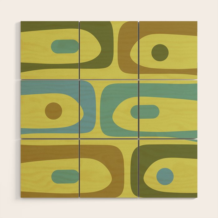 Mid Century Modern Retro Abstract Piquet Pattern in Guacamole Green and Blue Tones Wood Wall Art Gallery Image 1