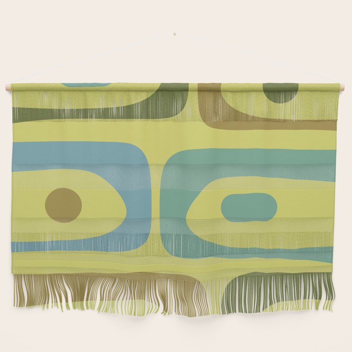 Mid Century Modern Retro Abstract Piquet Pattern in Guacamole Green and Blue Tones Wall Hanging Gallery Image 1