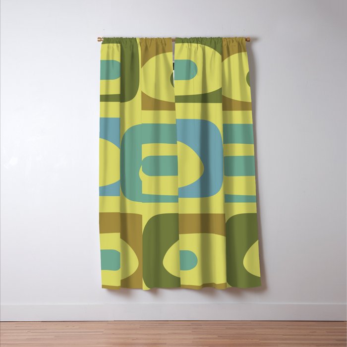 Mid Century Modern Retro Abstract Piquet Pattern in Guacamole Green and Blue Tones Window Curtain Gallery Image 3