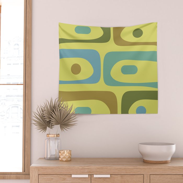 Mid Century Modern Retro Abstract Piquet Pattern in Guacamole Green and Blue Tones Wall Tapestry Gallery Image 2