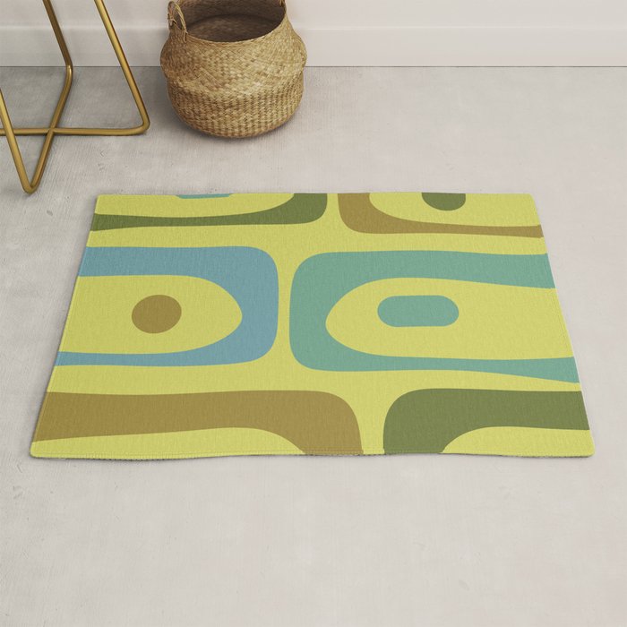 Mid Century Modern Retro Abstract Piquet Pattern in Guacamole Green and Blue Tones Rug Gallery Image 1