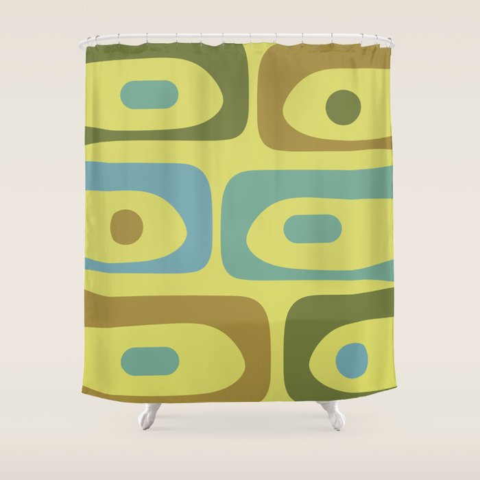 Mid Century Modern Retro Abstract Piquet Pattern in Guacamole Green and Blue Tones Shower Curtain Gallery Image 1